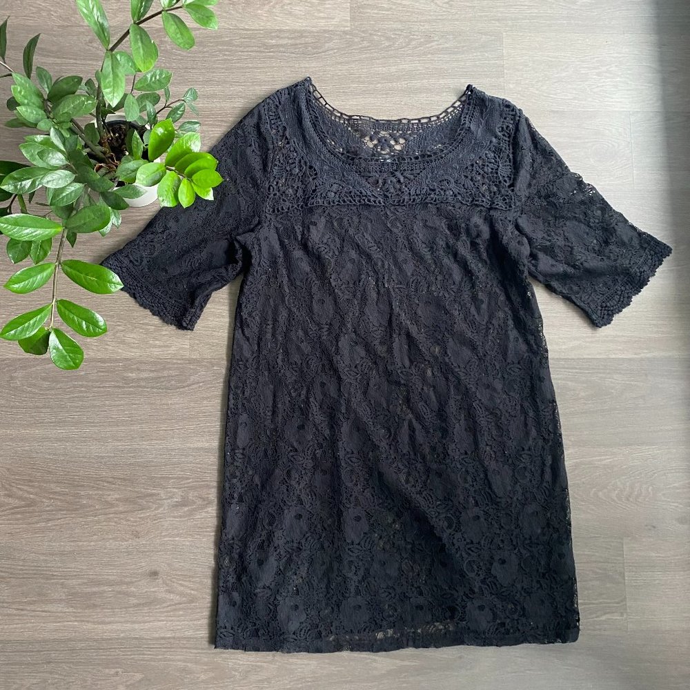 Spense Black Lace & Crochet Sheer Midi Dress/ Cover Up